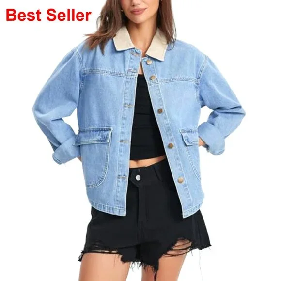 Oversized Denim Jacket Shacket with Pockets, Lightweight Spring Barn Coat